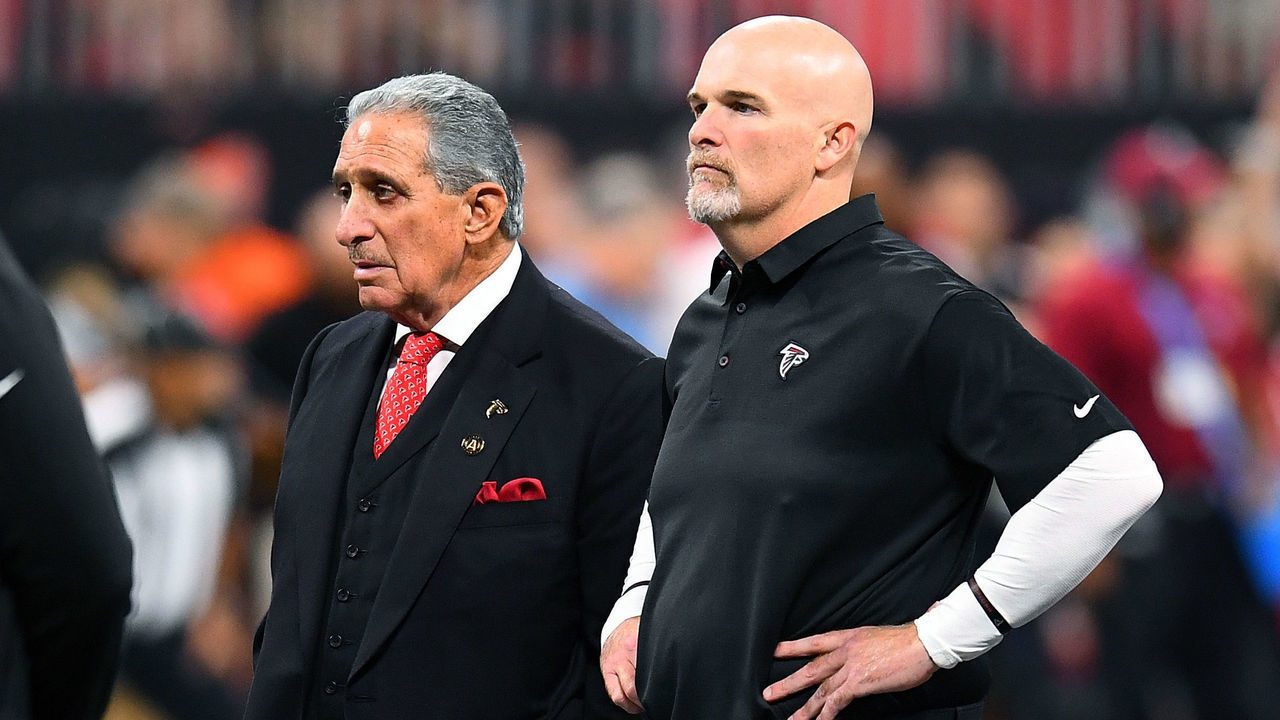 ATLANTA, GA - SEPTEMBER 30: Atlanta Falcons team owner Arthur Blank with head coach Dan Quinn of the Atlanta Falcons on field prior to the game against the Cincinnati Bengals at Mercedes-Benz Stadium on September 30, 2018 in Atlanta, Georgia.