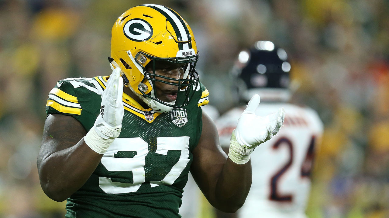 GREEN BAY, WI - SEPTEMBER 09: Kenny Clark #97 of the Green Bay Packers reacts during the second quarter of a game against the Chicago Bears at Lambeau Field on September 9, 2018 in Green Bay, Wisconsin.