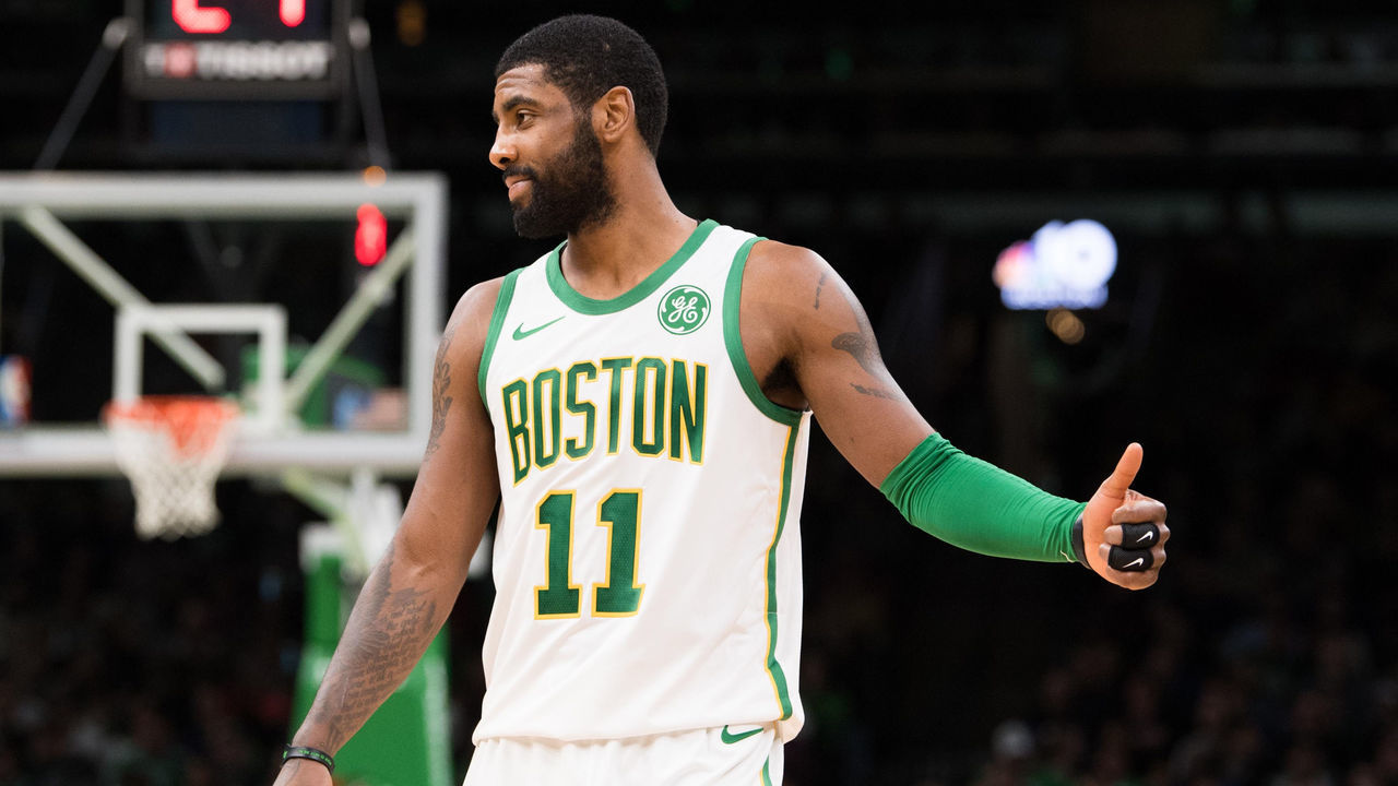 BOSTON, MA - NOVEMBER 21: Kyrie Irving #11 of the Boston Celtics gives a thumbs up during a game at TD Garden on November 21, 2018 in Boston, Massachusetts.