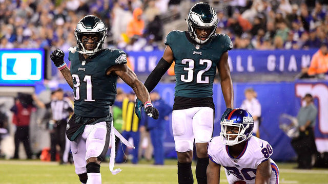 EAST RUTHERFORD, NJ - OCTOBER 11: Jalen Mills #31 of the Philadelphia Eagles reacts after breaking up a pass against the New York Giants during the second quarter at MetLife Stadium on October 11, 2018 in East Rutherford, New Jersey.