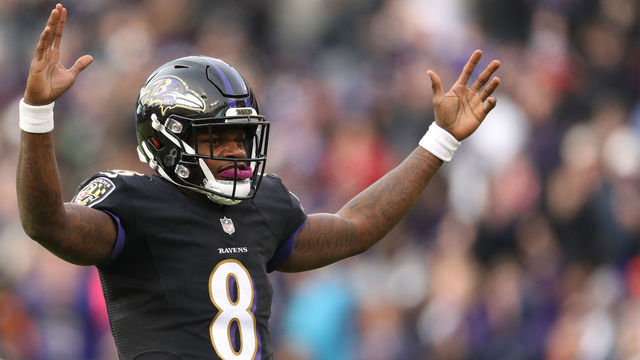BALTIMORE, MD - NOVEMBER 18: Quarterback Lamar Jackson #8 of the Baltimore Ravens celebrates a Ravens touchdown against the Cincinnati Bengals in the third quarter at M&T Bank Stadium on November 18, 2018 in Baltimore, Maryland.