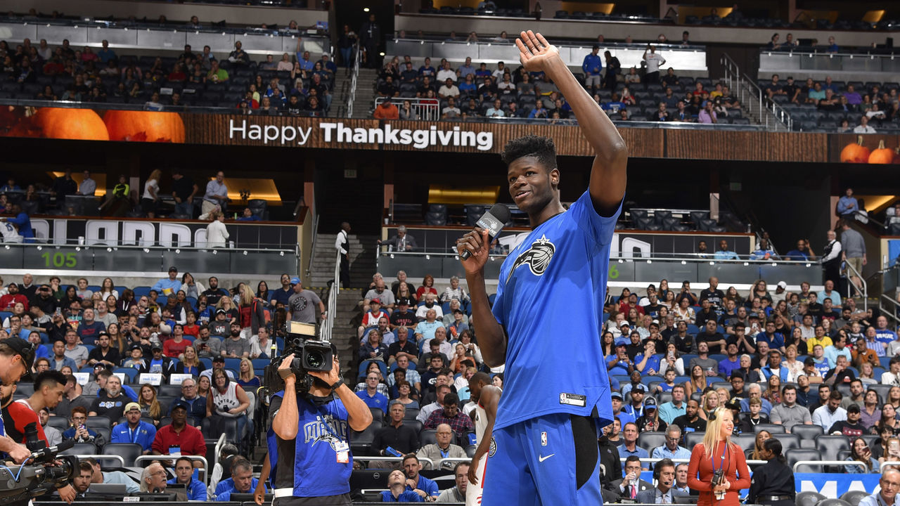 ORLANDO, FL - NOVEMBER 20: Mohamed Bamba #5 of the Orlando Magic addresses the crowd prior to the game against the Toronto Raptors on November 20, 2018 at Amway Center in Orlando, Florida. Mandatory Copyright Notice: Copyright 2018 NBAE