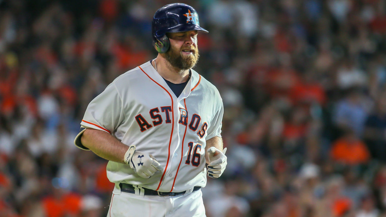 HOUSTON, TX - JUNE 23: Houston Astros catcher Brian McCann (16) takes off for first base in the bottom of the third inning during the baseball game between the Kansas City Royals and Houston Astros on June 23, 2018 at Minute Maid Park in Houston, Texas.