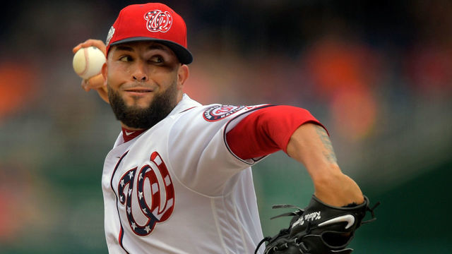 WASHINGTON, DC - AUGUST 1: Washington relief pitcher Kelvin Herrera (40) during the Washington Nationals defeat of the New York Mets 5-3 at Nationals Park on August 1, 2018.