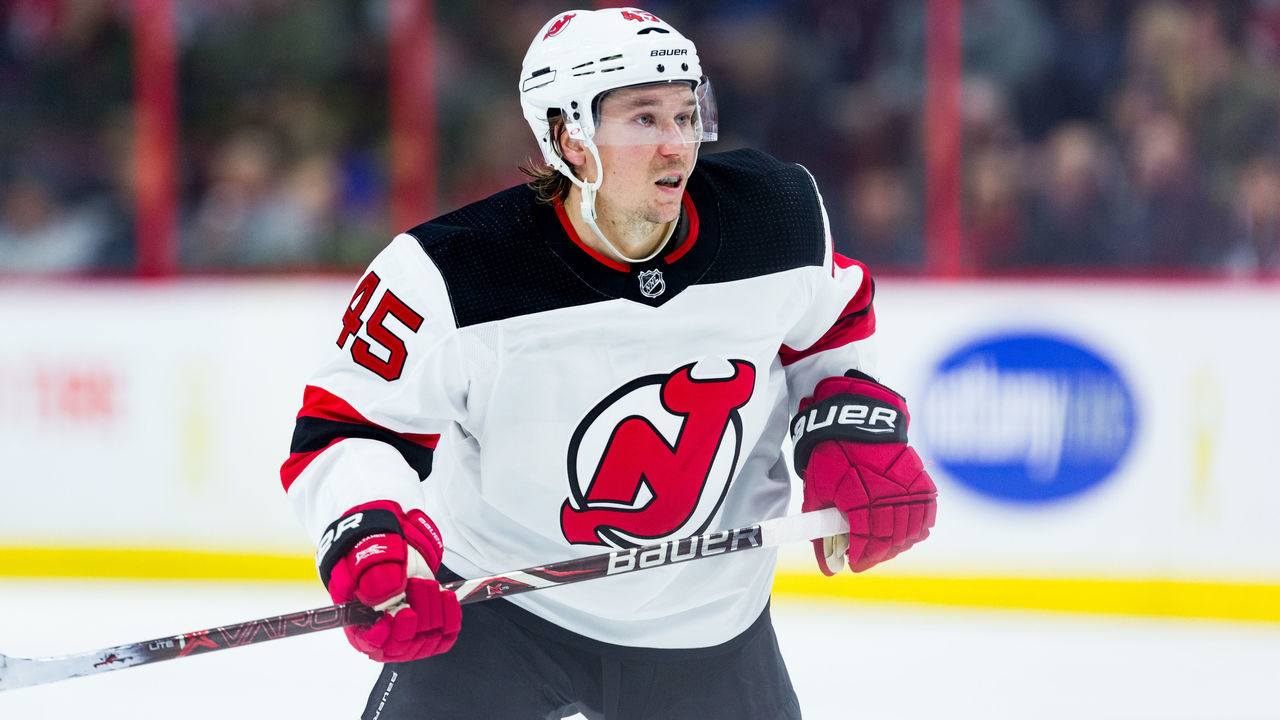 OTTAWA, ON - NOVEMBER 06: New Jersey Devils Defenceman Sami Vatanen (45) tracks the play during third period National Hockey League action between the New Jersey Devils and Ottawa Senators on November 6, 2018, at Canadian Tire Centre in Ottawa, ON, Canada.