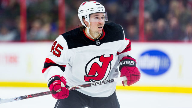 OTTAWA, ON - NOVEMBER 06: New Jersey Devils Defenceman Sami Vatanen (45) tracks the play during third period National Hockey League action between the New Jersey Devils and Ottawa Senators on November 6, 2018, at Canadian Tire Centre in Ottawa, ON, Canada.