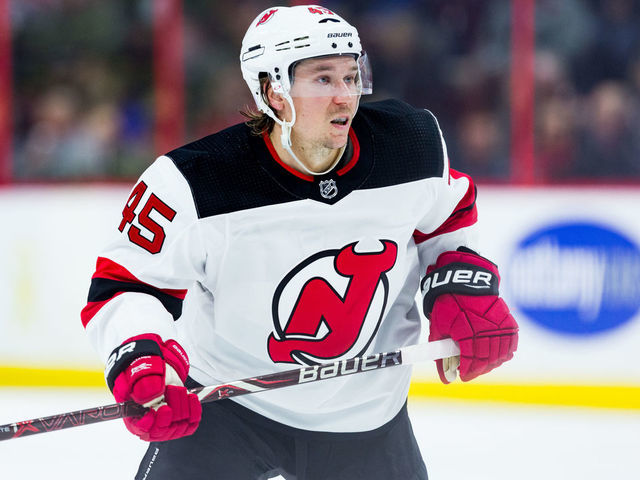 OTTAWA, ON - NOVEMBER 06: New Jersey Devils Defenceman Sami Vatanen (45) tracks the play during third period National Hockey League action between the New Jersey Devils and Ottawa Senators on November 6, 2018, at Canadian Tire Centre in Ottawa, ON, Canada.