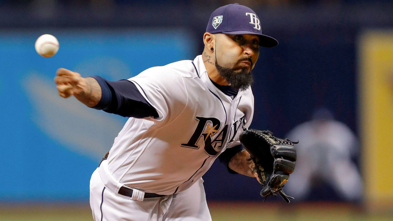 ST. PETERSBURG, FL - SEPTEMBER 26: Sergio Romo #54 of the Tampa Bay Rays throws in the eighth inning of a baseball game against the New York Yankees at Tropicana Field on September 26, 2018 in St. Petersburg, Florida.