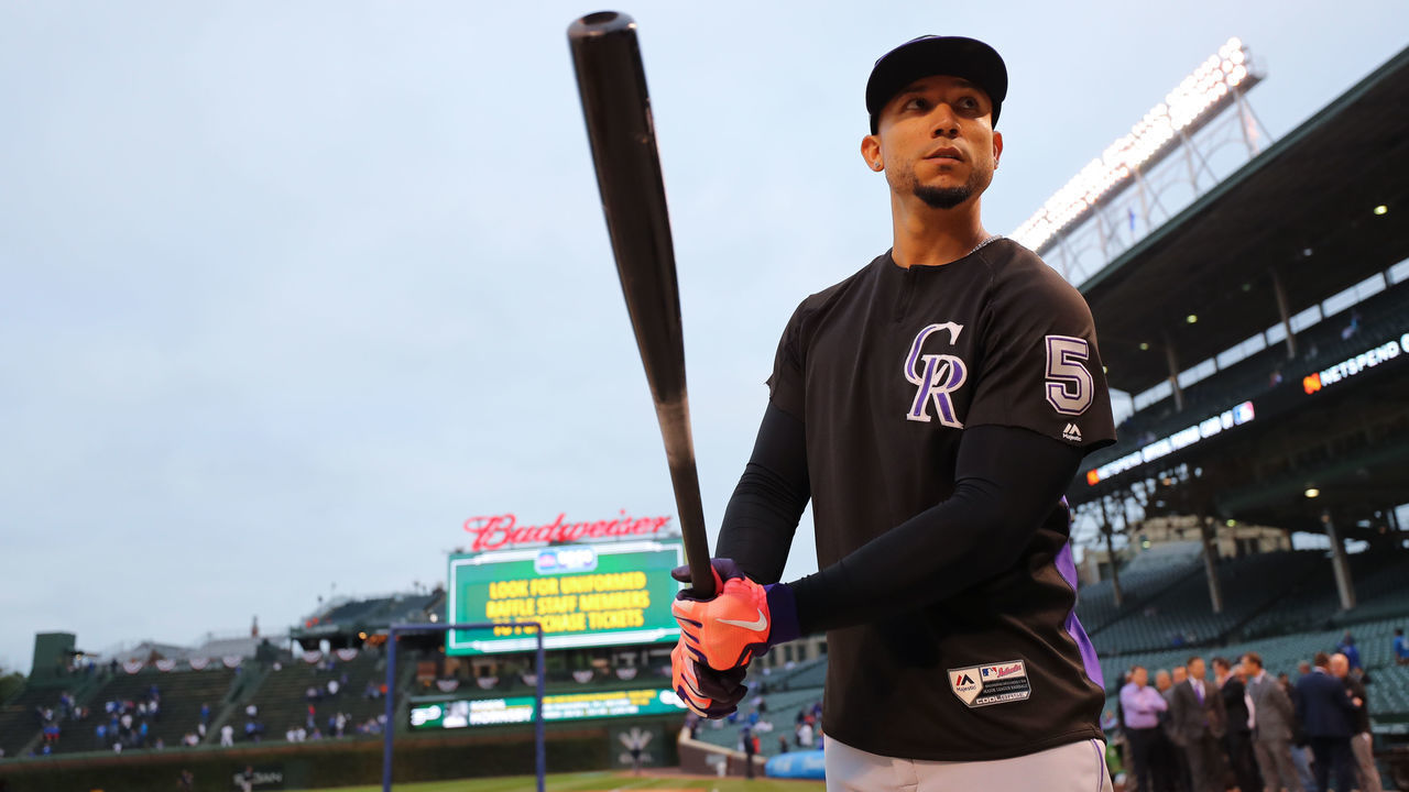 CHICAGO, IL - OCTOBER 2: Carlos Gonzalez #5 of the Colorado Rockies looks on before the National League Wild Card game against the Chicago Cubs at Wrigley Field on Tuesday, October 2, 2018 in Chicago, Illinois.