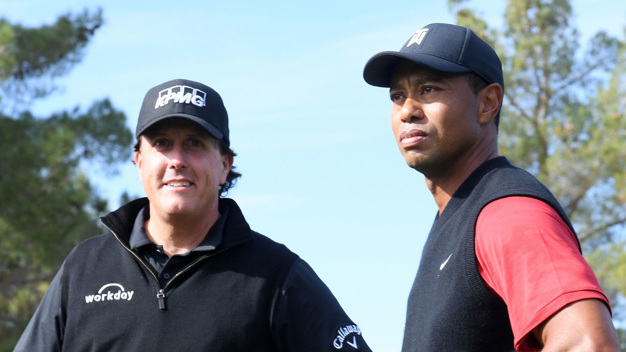 LAS VEGAS, NV - NOVEMBER 23: Tiger Woods and Phil Mickelson look on prior to The Match: Tiger vs Phil at Shadow Creek Golf Course on November 23, 2018 in Las Vegas, Nevada.