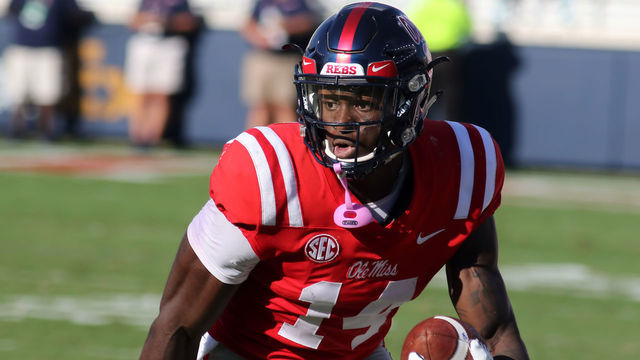 OXFORD, MS - OCTOBER 06: Ole Miss Rebels wide receiver D.K. Metcalf (14) looks for room to run after a reception in the game between Ole Miss Rebels and Louisiana Monroe Warhawks on Saturday, October 6, 2018 at Vaught-Hemingway Stadium in Oxford, MS.