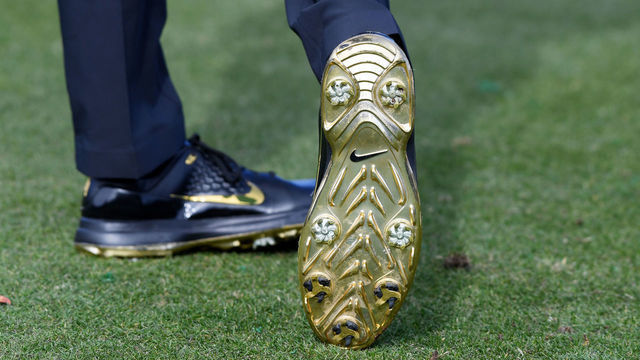 LAS VEGAS, NV - NOVEMBER 23: A shoe detail as Tiger Woods warms up prior to The Match: Tiger vs Phil at Shadow Creek Golf Course on November 23, 2018 in Las Vegas, Nevada.