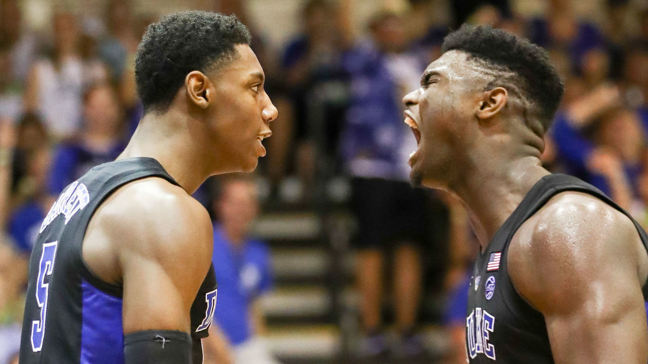 LAHAINA, HI - NOVEMBER 19: Zion Williamson #1 (R) and RJ Barrett #5 of the Duke Blue Devils get pumped up after Barrett scored a basket during the second half of the game against the San Diego State Aztecs at Lahaina Civic Center on November 19, 2018 in Lahaina, Hawaii.