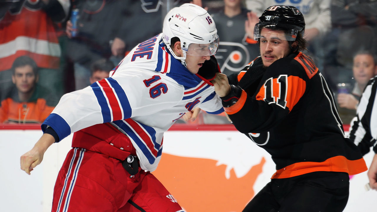 PHILADELPHIA, PA - NOVEMBER 23: Travis Konecny #11 of the Philadelphia Flyers fights Ryan Strome #16 of the New York Rangers in the second period on November 23, 2018 at the Wells Fargo Center in Philadelphia, Pennsylvania.