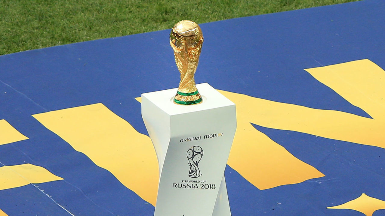 MOSCOW, RUSSIA - JULY 15: The trophy sits on a plinth ahead of the 2018 FIFA World Cup Russia Final between France and Croatia at the Luzhniki Stadium on July 15, 2018 in Moscow, Russia.