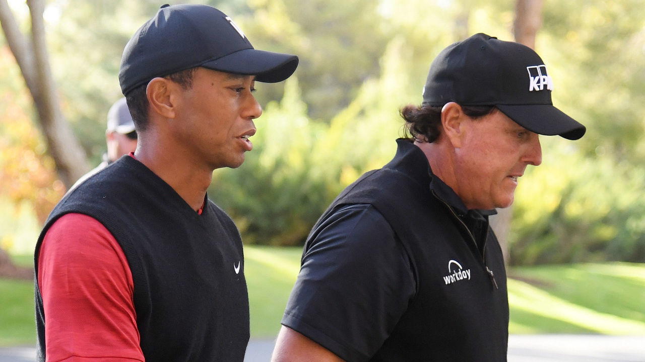 LAS VEGAS, NV - NOVEMBER 23: Phil Mickelson and Tiger Woods walk to the tenth tee during The Match: Tiger vs Phil at Shadow Creek Golf Course on November 23, 2018 in Las Vegas, Nevada.