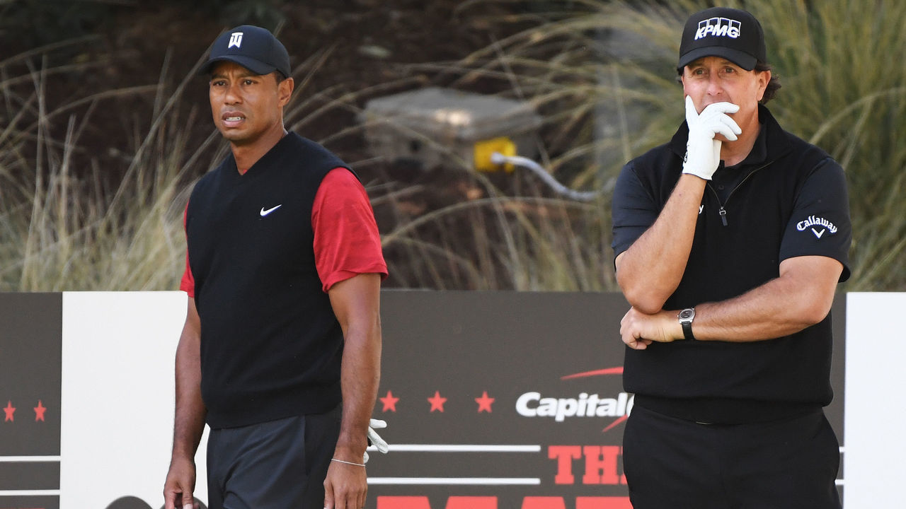 LAS VEGAS, NV - NOVEMBER 23: Tiger Woods and Phil Mickelson look on from the seventh tee during The Match: Tiger vs Phil at Shadow Creek Golf Course on November 23, 2018 in Las Vegas, Nevada.