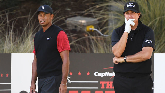 LAS VEGAS, NV - NOVEMBER 23: Tiger Woods and Phil Mickelson look on from the seventh tee during The Match: Tiger vs Phil at Shadow Creek Golf Course on November 23, 2018 in Las Vegas, Nevada.