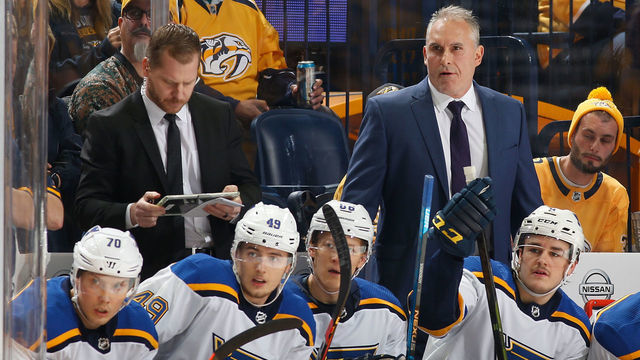 NASHVILLE, TN - NOVEMBER 21: Interim head coach Craig Berube of the St. Louis Blues watches the action against the Nashville Predators at Bridgestone Arena on November 21, 2018 in Nashville, Tennessee.