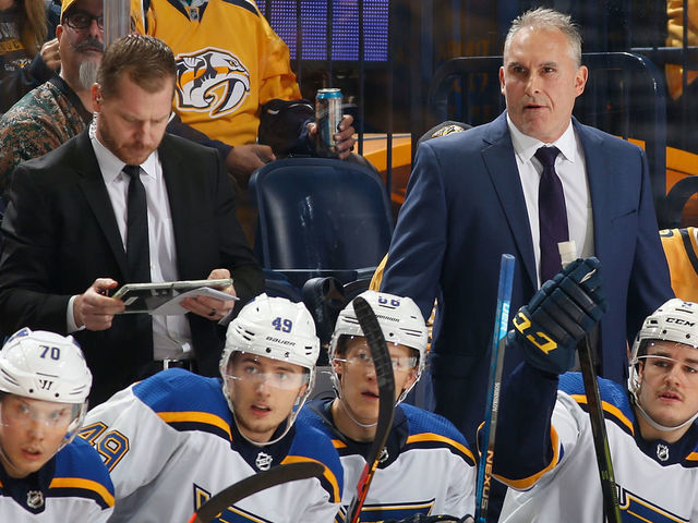 NASHVILLE, TN - NOVEMBER 21: Interim head coach Craig Berube of the St. Louis Blues watches the action against the Nashville Predators at Bridgestone Arena on November 21, 2018 in Nashville, Tennessee.