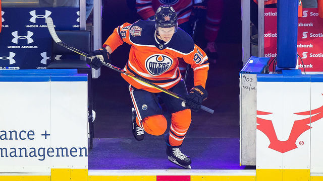 EDMONTON, AB - OCTOBER 18: Jesse Puljujarvi #98 of the Edmonton Oilers skates against the Boston Bruins during warm up at Rogers Place on October 18, 2018 in Edmonton, Canada.