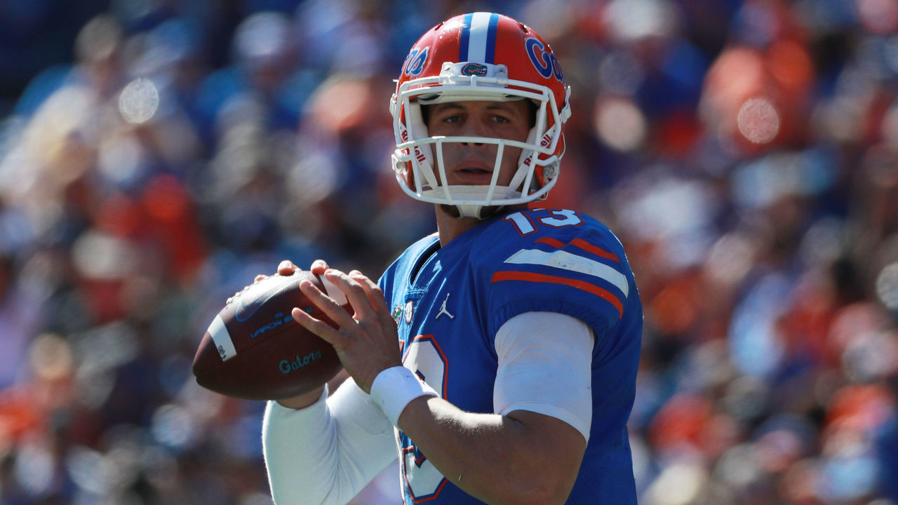 GAINESVILLE, FLORIDA - NOVEMBER 17: Feleipe Franks #13 of the Florida Gators drops back to pass during the first half of their game against the Idaho Vandals at Ben Hill Griffin Stadium on November 17, 2018 in Gainesville, Florida.