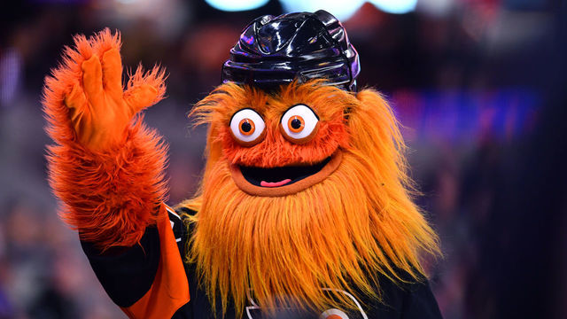 PHILADELPHIA, PA - NOVEMBER 23: Flyers mascot Gritty interacts with the crowd in the third period during the game between the Philadelphia Flyers and New York Rangers on November 23, 2018 at Wells Fargo Center in Philadelphia, PA.