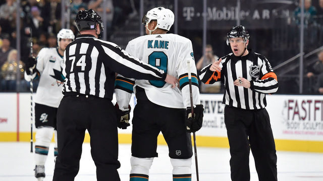 LAS VEGAS, NV - NOVEMBER 24: Evander Kane #9 of the San Jose Sharks is ejected after an unsportsmanlike penalty during the second period against the Vegas Golden Knights at T-Mobile Arena on November 24, 2018 in Las Vegas, Nevada.
