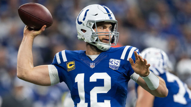 INDIANAPOLIS, IN - NOVEMBER 18: Indianapolis Colts quarterback Andrew Luck (12) throws downfield during the NFL game between the Indianapolis Colts and Tennessee Titans on November 18, 2018, at Lucas Oil Stadium in Indianapolis, IN.