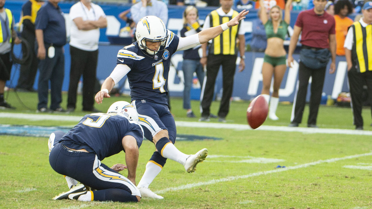 CARSON, CA - NOVEMBER 18: Los Angeles Chargers Place Kicker Michael Badgley (4) connects on his third field goal fo the day during an NFL football game between the Denver Broncos and the Los Angeles Chargers on November 18, 2018 at The Stub Hub Center in Carson, CA.