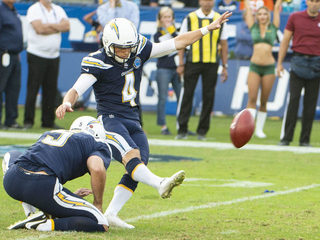 CARSON, CA - NOVEMBER 18: Los Angeles Chargers Place Kicker Michael Badgley (4) connects on his third field goal fo the day during an NFL football game between the Denver Broncos and the Los Angeles Chargers on November 18, 2018 at The Stub Hub Center in Carson, CA.