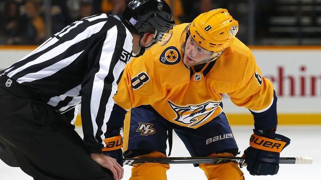 NASHVILLE, TENNESSEE - NOVEMBER 19: Kyle Turris #8 of the Nashville Predators speaks to an official prior to a faceoff against the Tampa Bay Lightning during the first period at Bridgestone Arena on November 19, 2018 in Nashville, Tennessee.