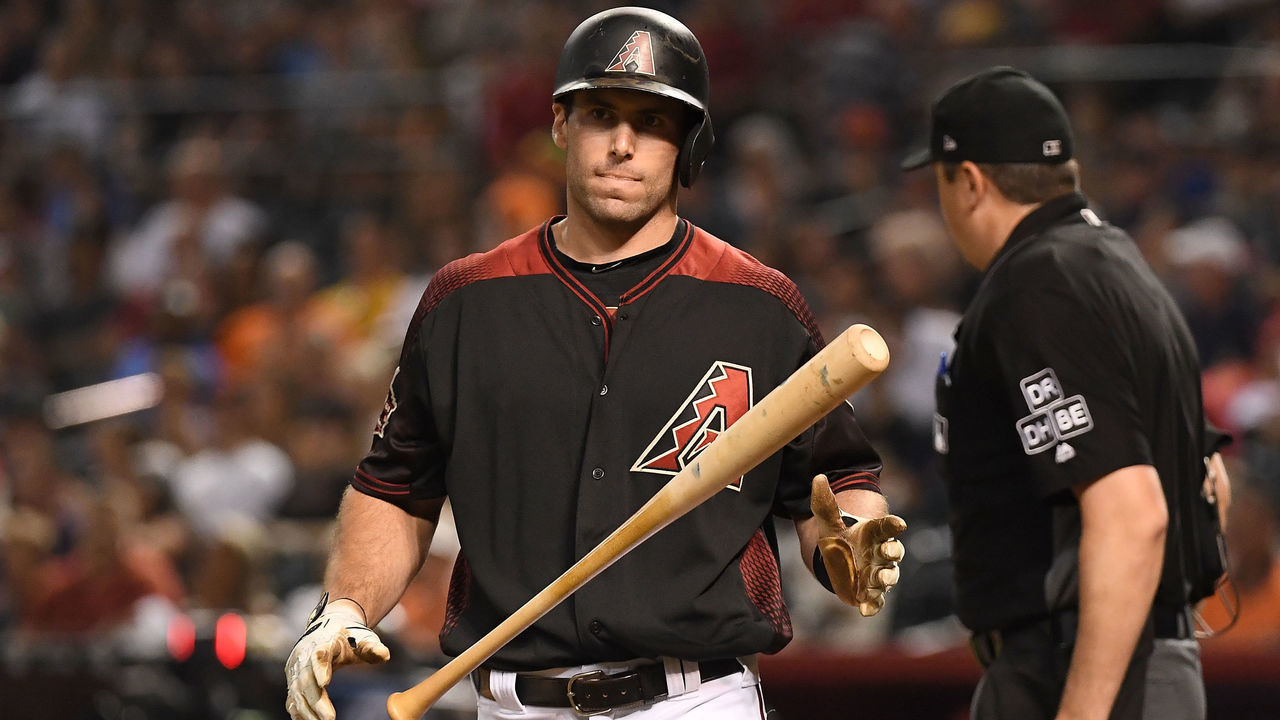 PHOENIX, AZ - AUGUST 03: Paul Goldschmidt #44 of the Arizona Diamondbacks reacts after striking out in the MLB game against the San Francisco Giants at Chase Field on August 3, 2018 in Phoenix, Arizona. The Arizona Diamondbacks won 6-3.