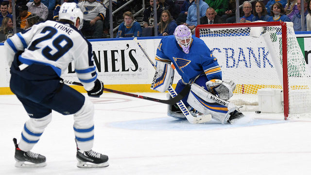 ST. LOUIS, MO - NOVEMBER 24: Winnipeg Jets rightwing Patrik Laine (29) scores one of his five goals during a NHL game between the Winnipeg Jets and the St. Louis Blues on November 24, 2018, at Enterprise Center, St. Louis, MO.