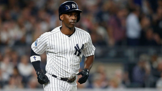 NEW YORK, NY - OCTOBER 03: (NEW YORK DAILIES OUT) Andrew McCutchen #26 of the New York Yankees in action against the Oakland Athletics in the American League Wild Card Game at Yankee Stadium on October 3, 2018 in the Bronx borough of New York City. The Yankees defeated the Athletics 7-2.