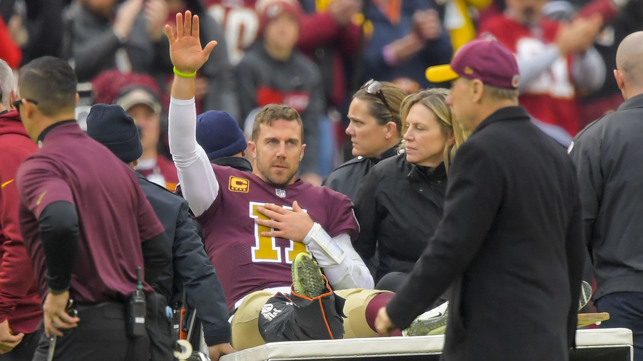 LANDOVER, MD - NOVEMBER 18: Washington Redskins quarterback Alex Smith (11) is carted off the field after suffering an lower leg injury during a game between the Washington Redskins and the Houston Texans at FedEX Field on November 18, 2018, in Landover, MD.