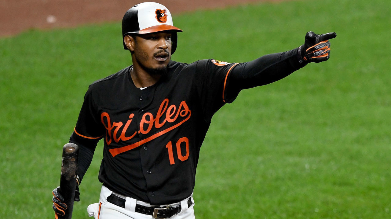 BALTIMORE, MD - SEPTEMBER 14: Adam Jones #10 of the Baltimore Orioles bats against the Chicago White Sox at Oriole Park at Camden Yards on September 14, 2018 in Baltimore, Maryland.