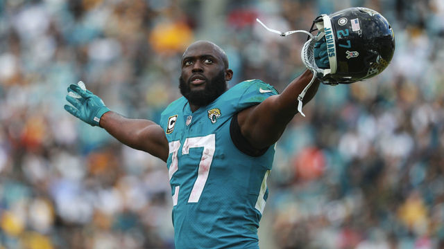 JACKSONVILLE, FL - NOVEMBER 18: Leonard Fournette #27 of the Jacksonville Jaguars celebrates a second half touchdown against the Pittsburgh Steelers at TIAA Bank Field on November 18, 2018 in Jacksonville, Florida.