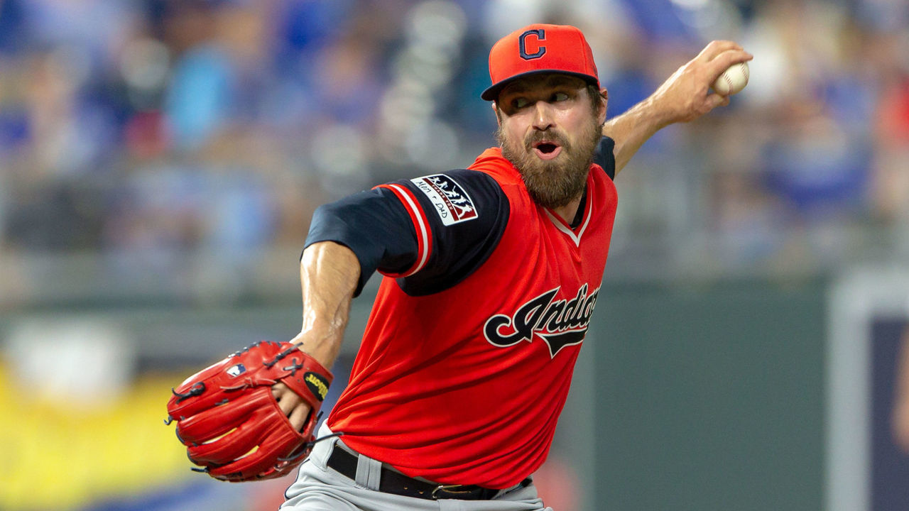 KANSAS CITY, MO - AUGUST 24: Cleveland Indians relief pitcher Andrew Miller (24) during the MLB game against the Kansas City Royals on August 24, 2018 at Kauffman Stadium in Kansas City, Missouri.