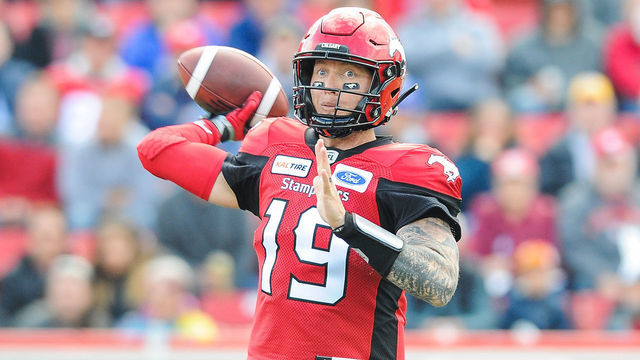 CALGARY, AB - JUNE 16: Bo Levi Mitchell #19 of the Calgary Stampeders makes a pass against the Hamilton Tiger-Cats during a CFL game at McMahon Stadium on June 16, 2018 in Calgary, Alberta, Canada.