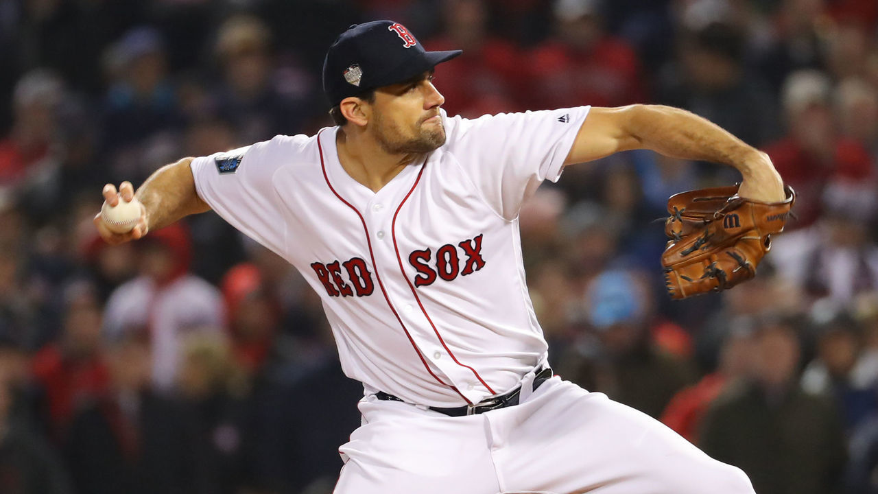 BOSTON, MA - OCTOBER 23: Nathan Eovaldi #17 of the Boston Red Sox enters the game during the eighth inning of Game 1 of the 2018 World Series between the Los Angeles Dodgers and the Boston Red Sox at Fenway Park on Tuesday, October 23, 2018 in Boston, Massachusetts.
