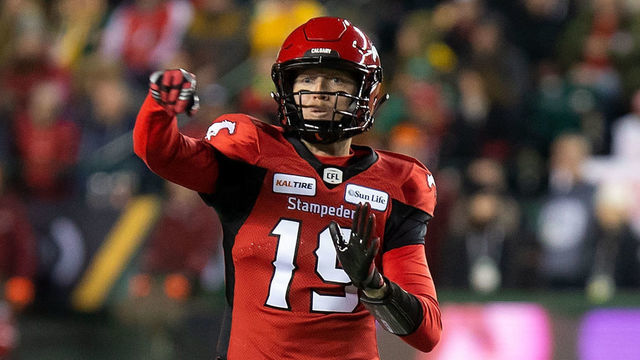 EDMONTON, AB - NOVEMBER 25: Eric Rogers #15 of the Calgary Stampeders is pursued by Anthony Cioffi #24 of the Ottawa Redblacks during the Grey Cup at Commonwealth Stadium on November 25, 2018 in Edmonton, Alberta, Canada.