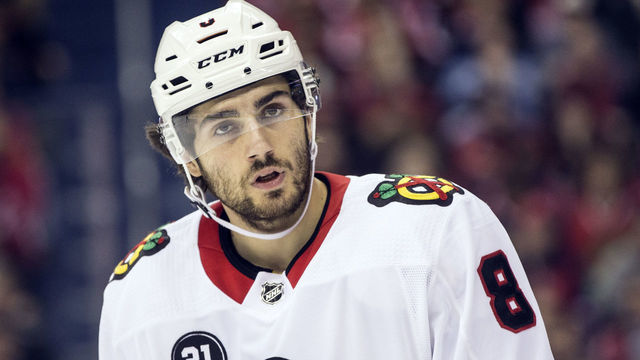 WASHINGTON, DC - NOVEMBER 21: Chicago Blackhawks center Nick Schmaltz (8) during a pause in the action during a NHL game between the Washington Capitals and the Chicago Blackhawks on November 21, 2018, at Capital One Arena, in Washington, D.C. The Capitals defeated the Blackhawks 4-2.