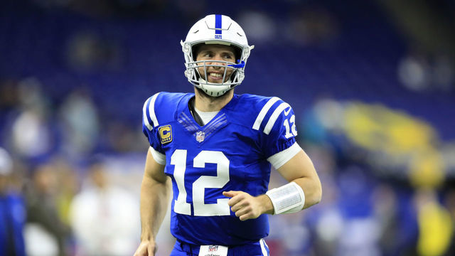 INDIANAPOLIS, INDIANA - NOVEMBER 25: Andrew Luck #12 of the Indianapolis Colts warms up before the game against the Miami Dolphins at Lucas Oil Stadium on November 25, 2018 in Indianapolis, Indiana.