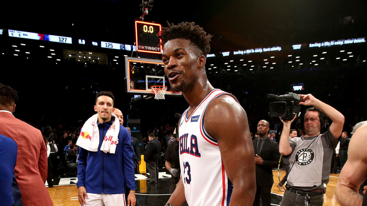 BROOKLYN, NY - NOVEMBER 25: Jimmy Butler #23 of the Philadelphia 76ers is seen after the game against the Brooklyn Nets on November 25, 2018 at Barclays Center in Brooklyn, New York. Mandatory Copyright Notice: Copyright 2018 NBAE