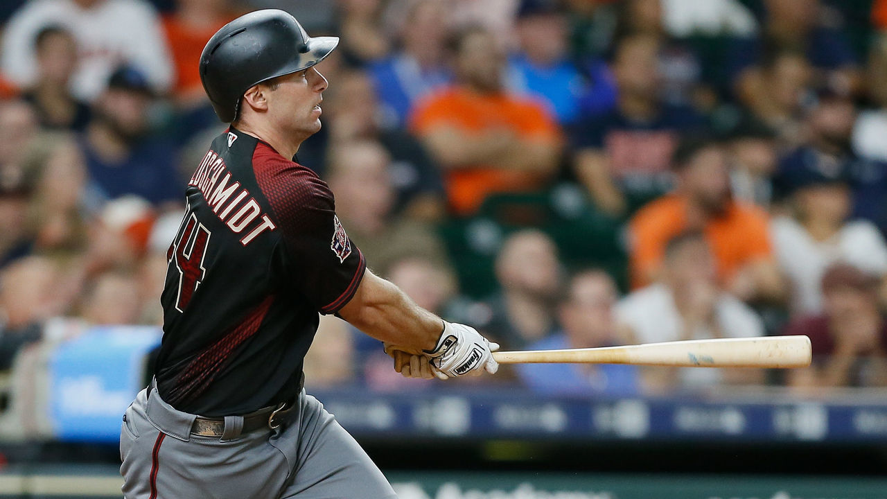 HOUSTON, TX - SEPTEMBER 14: Paul Goldschmidt #44 of the Arizona Diamondbacks doubles in the seventh inning against the Houston Astros at Minute Maid Park on September 14, 2018 in Houston, Texas.