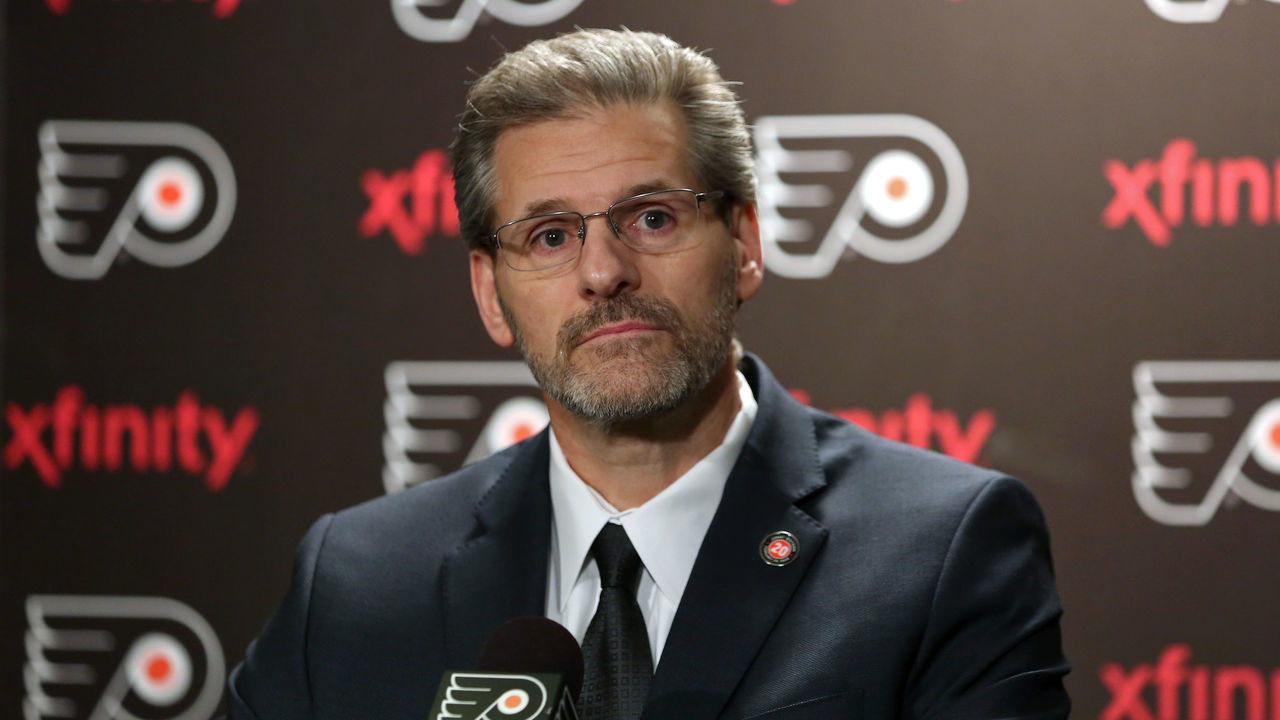 PHILADELPHIA, PA - FEBRUARY 29: General Manager Ron Hextall of the Philadelphia Flyers speaks to the media in regards to the NHL trade deadline that had recently passed prior to a game against the Calgary Flames on February 29, 2016 at the Wells Fargo Center in Philadelphia, Pennsylvania.