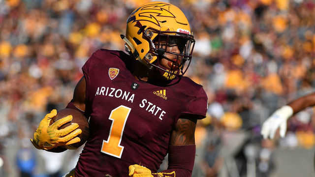 TEMPE, AZ - NOVEMBER 10: Wide receiver N'Keal Harry #1 of the Arizona State Sun Devils carries in the second half against the UCLA Bruins at Sun Devil Stadium on November 10, 2018 in Tempe, Arizona. The Arizona State Sun Devils won 31-28.