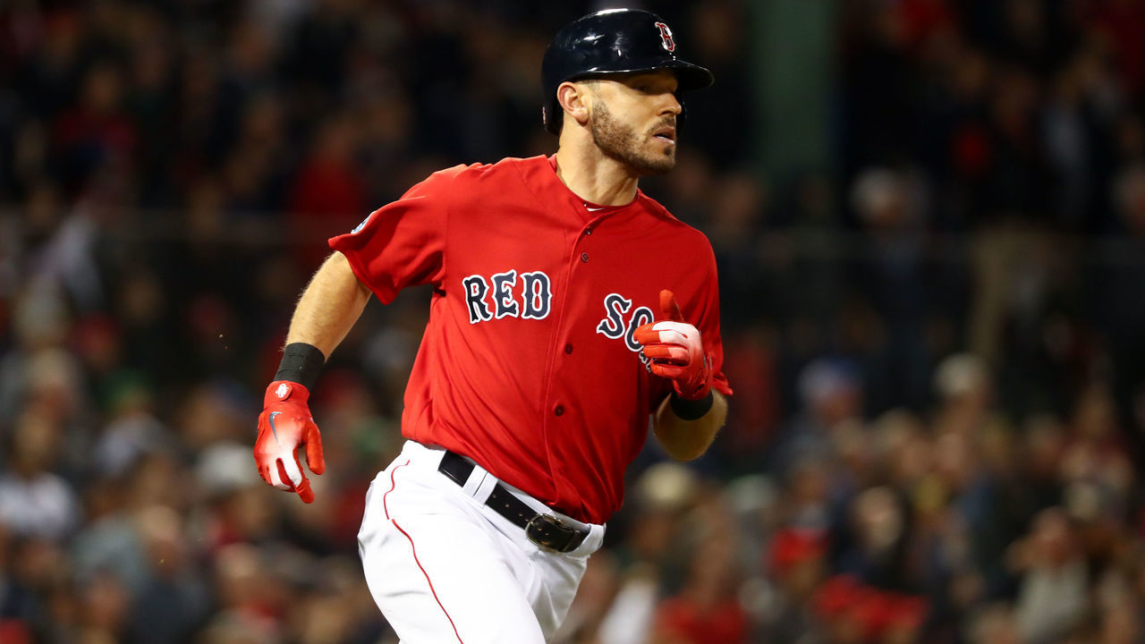 BOSTON, MA - OCTOBER 6: Ian Kinsler #5 of the Boston Red Sox runs after hitting an RBI double in the seventh inning during Game 2 of the ALDS against the New York Yankees at Fenway Park on Saturday, October 6, 2018 in Boston, Massachusetts.