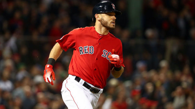 BOSTON, MA - OCTOBER 6: Ian Kinsler #5 of the Boston Red Sox runs after hitting an RBI double in the seventh inning during Game 2 of the ALDS against the New York Yankees at Fenway Park on Saturday, October 6, 2018 in Boston, Massachusetts.